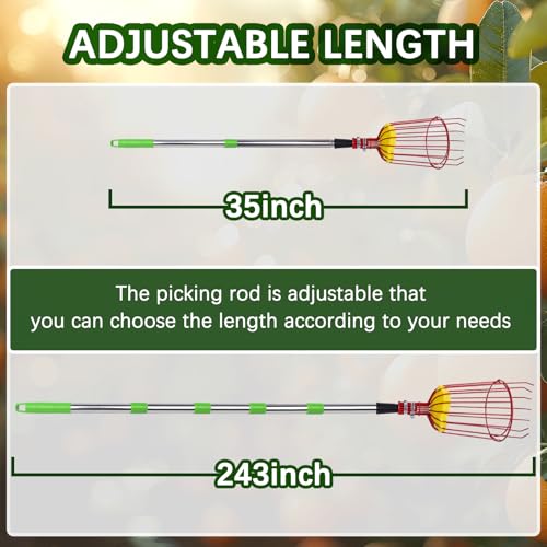 20 Ft Fruit Picker with Wire Basket and Bag Basket,Adjustable Stainless Steel Fruit Picker Pole with Universal Thread Head,35-243 Inch,Pick Fruit Tool,Suitable for Picking Apples,Mangoes and Others