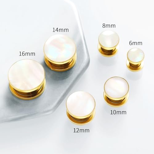 Wycian Lot de 2 tunnels en acier chirurgical 316L plaqué or nacré 12 mm à visser en spirale pour femme, 8mm (0G), Nacre Pierre précieuse, Perle – vue 5