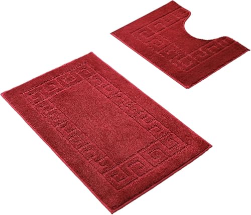Paradise Products Lot de 2 tapis de bain de style grec antidérapants, doux et lavables à séchage rapide pour salle de bain (bordeaux)