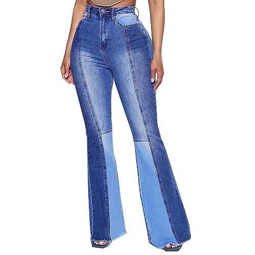 Women's Jeans High Waist Fashionable Trendy Dual Tone Patchwork Bell Bottom Jeans3