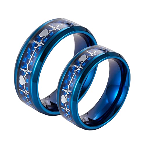 Juego de anillos para parejas para él y ella, anillo de compromiso de acero inoxidable, anillo de fibra de carbono azul con latido del corazón, mujeres L 1/2 a hombre Z 1/2, Sin piedras preciosas