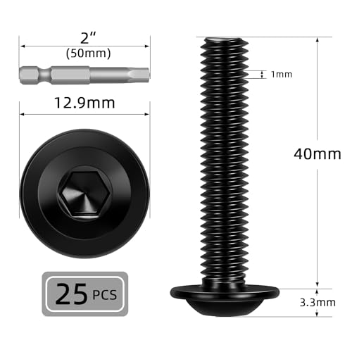 Image of M6-1.0 x 40mm 25 PCS Flanged Button Head Socket Cap Bolts Screws, Stainless Steel 304, Allen Socket Drive, Screwdriver Bit Included, Black Finish, Fully Machine Thread