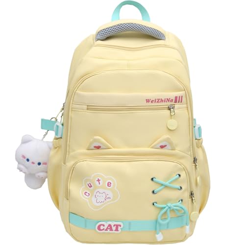 Kawaii Backpack with Cute Accessories Nylon Casual Bookbags with Pendants Lightweight Laptop Bag Travel Daypacks (Yellow)