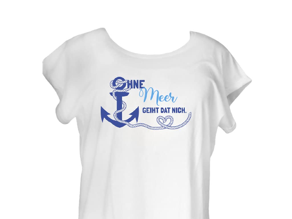 Damen T-Shirt mit wählbarem Spruch auf Plattdeutsch, Maritim Design, Baumwolle, Weiß mit Blauem Ankermotiv, Maritime Geschenkidee für Frauen