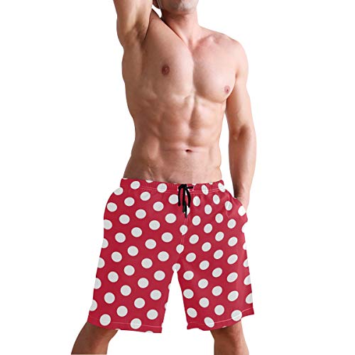Men's Swim Trunks Modern Red White Polka Dot Quick Dry Board Shorts with Drawstring and Pockets4