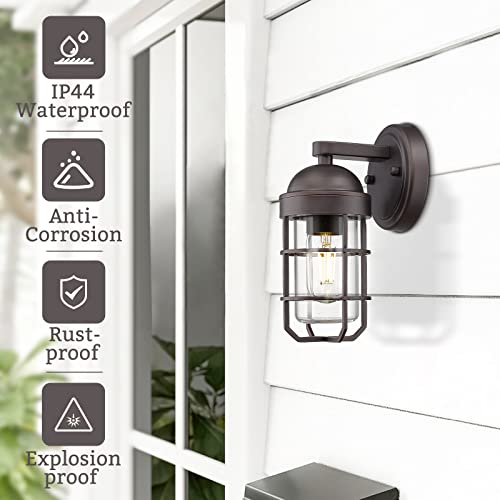 Image of Emliviar Farmhouse Outdoor Wall Light for House Porch, Vintage Exterior Wall Lantern, Industrial Nautical Metal Cage with Clear Tempered Glass, Oil Rubbed Bronze Finish, GE255B ORB