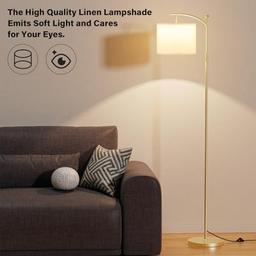 Image of Ambimall 60 inch Floor Lamp for Living Room with 3 Color Temperatures, Adjustable White Shade with Gold Pole, Tall Lamp for Bedroom Office Classroom Dorm Room, 9W LED Bulb Included