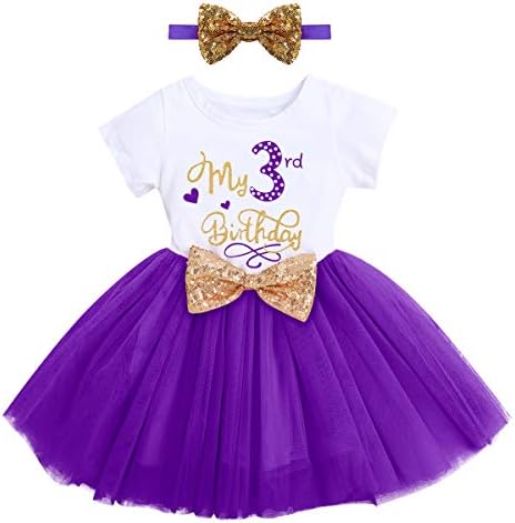 ODASDO Toddler Kids Girls My 3rd Third Birthday Party Dress Sequin Bowknot Headband Cake Smash Outfit Summer Cotton Short Sleeve A-line Tulle Tutu Princess Skirt Photo Props Purple 3 Years