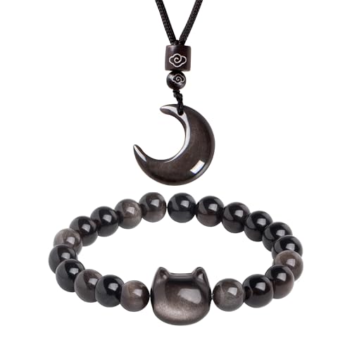Black Obsidian Cat Bracelet and Moon Pendant Necklace Jewelry Set-Cat Lover Gifts Wealth Attraction Good Luck Bead Bracelet Mindfulness Beaded Bracelets Obsidian Pendant Necklace-Cute Gifts for Women