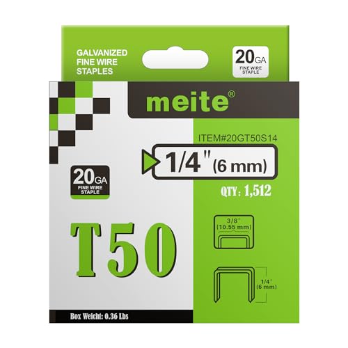 meite t50 staples, 1/4 inch heavy duty staples for staple gun, 20 gauge 3/8 inch crown galvanized upholstery staples staple gun staples (1,512 counts)