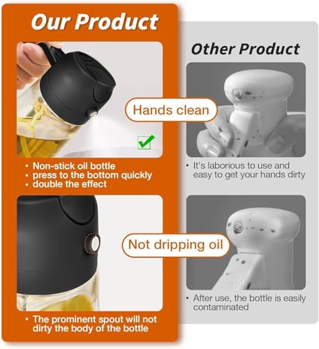 Image of Vasukie 500ML Oil Sprayer for Cooking, 2 in 1 Olive Oil Dispenser Bottle, Glass Oil Spray Bottle with Handle, Fine Mist & Pour, for Air Fryer, Salad, BBQ, Roasting & Kitchen (2 in 1 Oil Bottle)