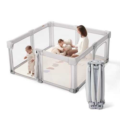 Image of Baby Playpen Portable, Pre-Assembled Play Pen 59x59 Large Foldable Playpen for Babies and Toddlers, Sturdy and Safe Toddler Play Yard Indoor Outdoor with Carry Bag,Light Grey