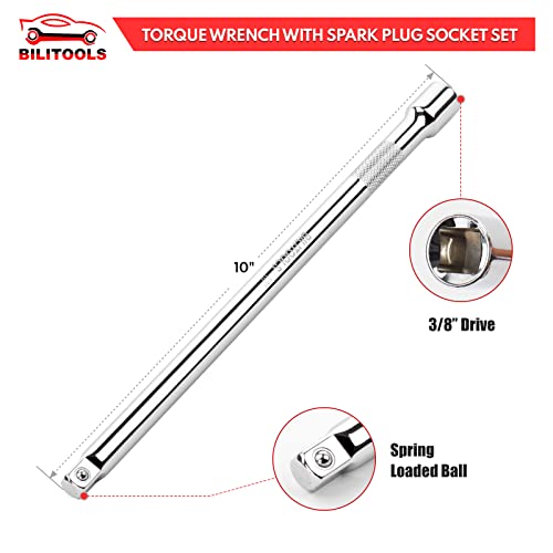Bilitools 9-Piece Spark Plug Socket Set With 3/8 Inch Drive Click Torque Wrench, 10-45 Ft-Lbs (13.5-61Nm), Cr-V Steel #TOP7