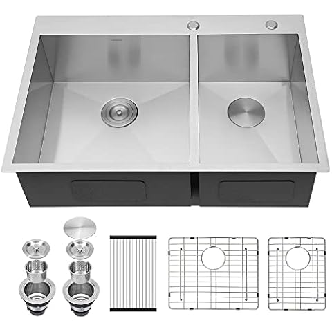 33 Inch Drop in Kitchen Sink - Kichae 33"x22" Topmount Sink 18 Gaugle Stainless Steel Double Bowl 60/40 Kitchen Sink Cover