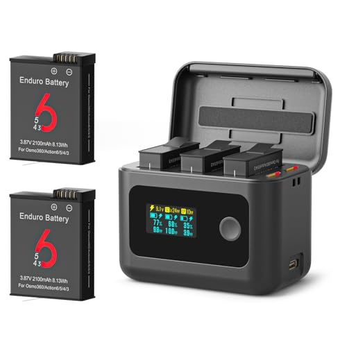 JIMOVA 2-Pack OSMO Action 6 Battery and Charger for DJI Osmo 360 Action 5 Pro Action 4 3 OLED Intelligent Charger Hub Triple Slot 24W PD Fast Charging Case 2100mAh Battery for DJI Osmo Action 6