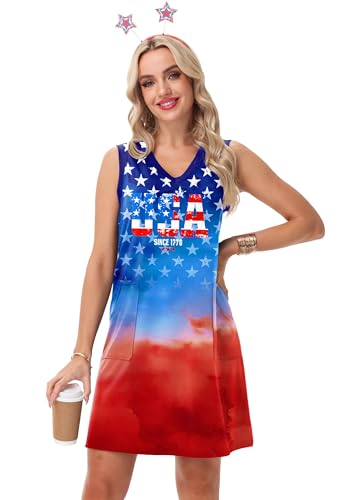 Image of Deerose Womens July 4th Sleeveless Dress American Flag Swim Cover Up Dress with Pockets