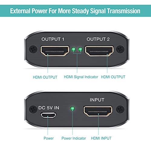 HDMI Splitter 1 in 2 Out - Techole 4K Aluminum Ver1.4 HDCP, Powered HDMI Splitter Supports 3D 4K@30HZ Full HD1080P for Xbox PS4 PS3 Fire Stick Roku Blu-Ray Player Apple TV HDTV - Cable Included, Grey - Thumbnail 6