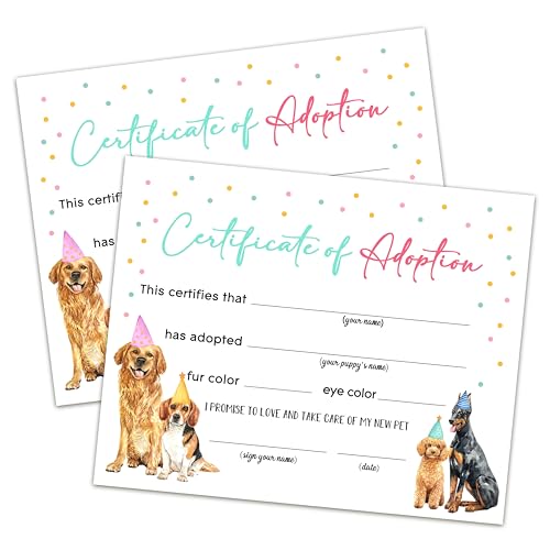 Pet Adoption Certificate - Adopt A Dog Certificate for Girl Boy - Puppy Adoption Party Decorations - Puppy Birthday Party Favors - Lets Pawty Party Supplies, 10 Adoption Certificates (CC01)