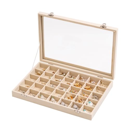 Frebeauty 35 Grid Earring Organizer,Velvet Jewelry Tray with Clear Lid