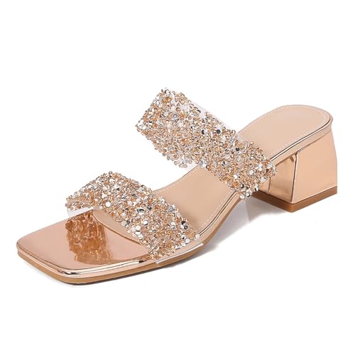 Sandalias De Tacón Mujer Tacón Ancho Mules Verano Slip On Grueso Sandalias De Strass Tipo Slide para Uso Diario Y Salida Primaveral,Rose,41 EU