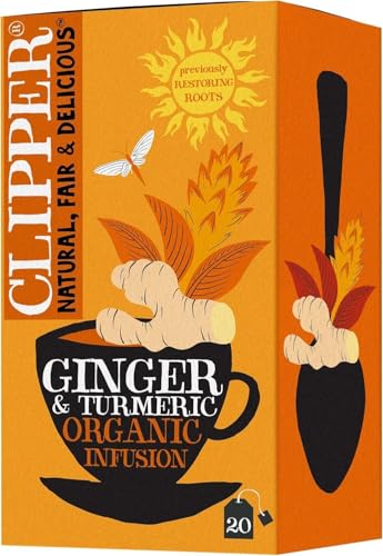 Clipper Organic Restoring Roots Ginger & Turmeric Tea Bags | 20 Tea Infusions in Envelopes | Caffeine Free Teabags | Fairtrade Herbal Tea Bags | Natural, Unbleached Plant-Based & Biodegradable Sachets