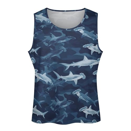 Tank Tops Men, Blue Camo Hammerhead Shark Print Workout Running Gym Muscle Sleeveless Shirts for Men3