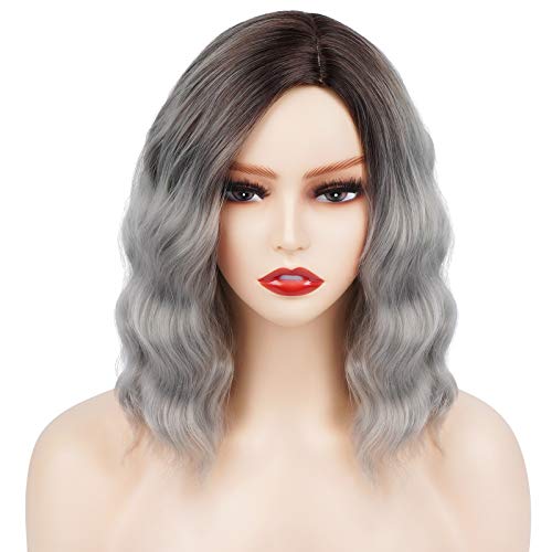 Short Bob Wavy Wig Silver Wigs for Women Shoulder Length Wavy Wigs Left Part Wavy Bob Wig Synthetic Natural Looking Heat Resistant Fiber Hair for Cosplay Daily Wear (14'', Silver Grey)