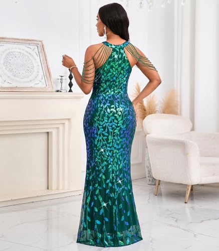 Image of Cololura Women Sexy Elegant Sequin Tassel Off Shoulder Halter Bodycon Maxi Dress Party Evening Gown Formal Dress