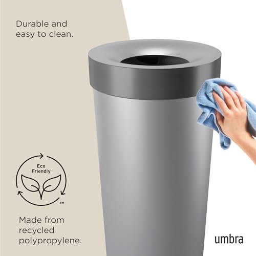 Image of Umbra Vento Kitchen Trash Can, Open Top Bin, 16.5 Gallon, Grey /Nickel | Brushed metal accents, bag concealing design, easy wipe clean, fits home and office, durable plastic