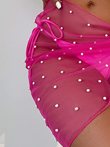 Image of GORGLITTER Women's Cover Up Sarong Wrap Skirt Bachelorette Outfits for Bride Sheer Mesh Bridal Swimsuit Pearl Bathing Suit