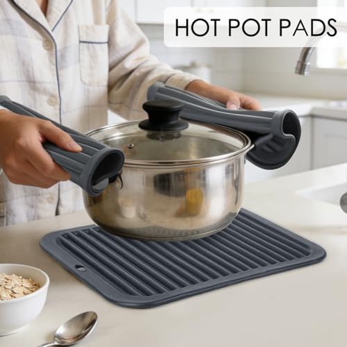 Image of 4 PCS Silicone Trivet for Hot Dishes, Silicone Hot Pads Trivets Mat for Hot Pots and Pans, Heat Resistant Hot Mats, Pot Holders, Tables Mats for Countertop, Jar Opener, Drying Mat (Dark Grey)