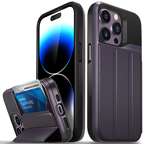 VENA vCommute Wallet Case Compatible with Apple iPhone 14 Pro (6.1) (Military Grade Drop Protection) Flip Leather Cover Card Slot Holder with Kickstand - Deep Purple/Black