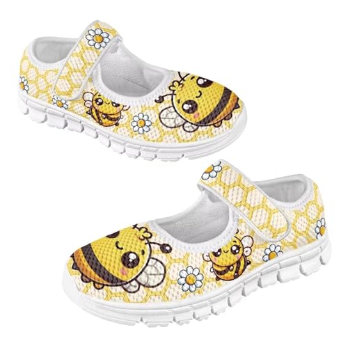 JoyLamoria Cartoon Bee PRNT Girl’s Breathable Walking Shoes Toddler Girls Mary Jane Sneakers Adjustable School Uniform Shoes Lightweight Flat Shoes