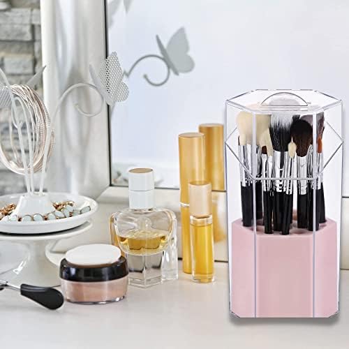 Salarot Makeup Brush Holder with Lid, Acrylic Stylish Dustproof Organiser, Make up Storage Box for Countertop, Bathroom, Vanity, Pink