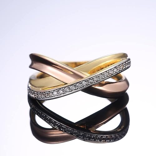 925 Sterling Silver Women's Fashion Tricolor Geometric Line Cross Ring in 18K Rose Gold Ring Sparkling Full Diamond Ring Multi Row Cross Ring Eternity Engagement Wedding Rings Sizes 6-10 562 (10)2