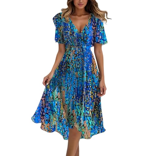 Vhersily 2025 – Vestido de dama de honor, de verano, de gasa, cuello en V, para cóctel, elegante, hasta la rodilla, de noche, con estampado floral y manga corta, línea de ceremonia, fiesta informal