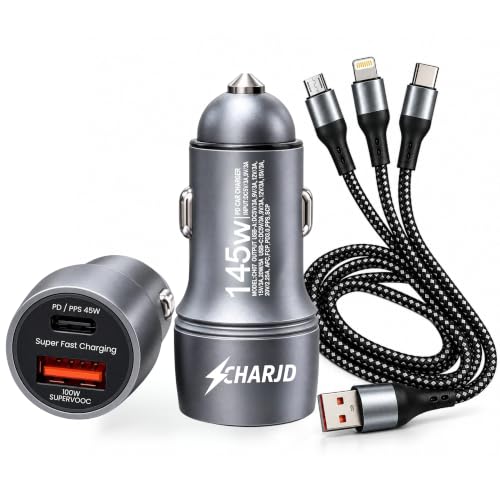 Image of Car Charger Fast Charging 145W, Multi Port Car Fast Charger 100W Type C & 45W PD Charger, Car Laptop Charger Fast Charging Adapter for Smartphones, 12V Car Charger Socket with Cable 3 in 1