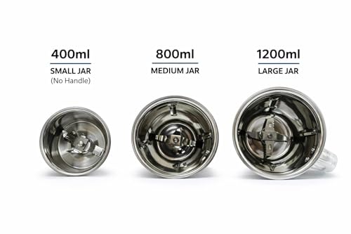Image of Wonder Star Stainless Steel Mixer Jar Set, 3 Pieces, with White Lids, Silver || capacity 300+800+1200ml ||nylon base ||side 2lock and 4teeth coupler mixer compatible