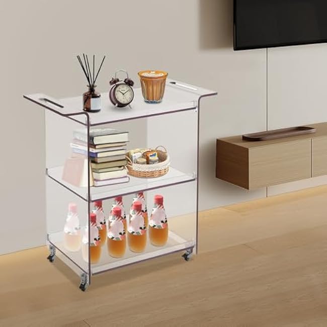 3-Tier Clear PC Rolling Cart with Lockable Wheels - 66 Lbs Capacity, Compact Kitchen & Bar Utility Cart, 28x11.8x28.7 Inches-gTYdBJIX