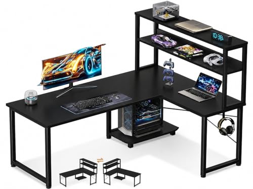 Image of Reversible L Shaped Computer Desk with Storage Shelves | Wooden Corner Study Table with Black Metal Frame | Home Office Workstation Desk | Table for Computer Setup| Black |130x50x150 cm
