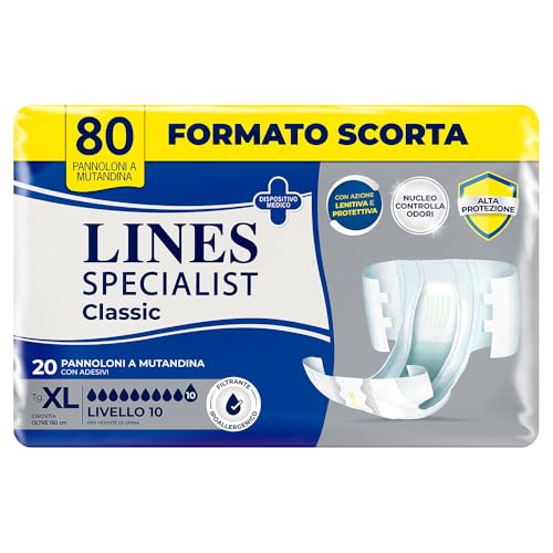 Lines Specialist Classic pannoloni a mutandina ALTA PROTEZIONE, per incontinenza uomo e donna con lozione lenitiva, misura EXTRA LARGE, confezione da 80 unità