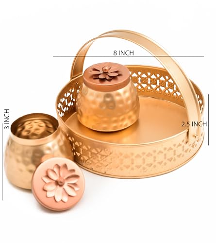 Image of Sanvatsar Square Shape Metal Basket with Jar Tray 4 Copper Flower Container Dry Fruits Chocolate Sweets Candys Gifts Set for Office, Home Decor Table Decoration Item (Pack o2 Round)