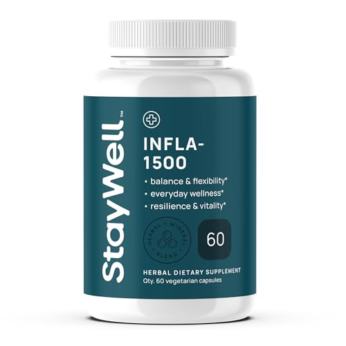 Stay-Well Naturals Infla-1500 All-Natural Relief Supplement Extract Blend with Turmeric White Willow Bark Ashwagandha Ginger Boswellia Bromelain Omega-3 and Magnesium-60ct