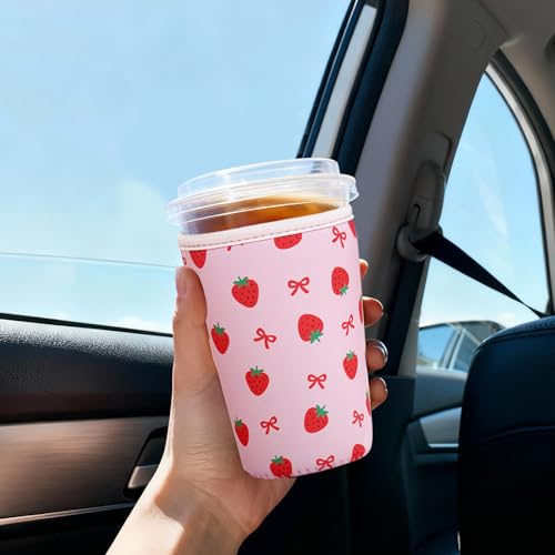 Image of Reusable Insulated Sleeve for Iced Coffee Cup, 3-Pack Coffee Neoprene Drink Sleeve for Cold & Hot Drinks, Beverage Holder for Iced Coffee (Pink Berry Bows)
