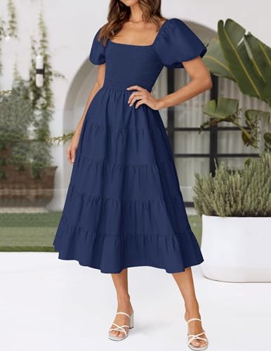 Image of ZESICA Women's 2026 Summer Puff Sleeve Midi Dress 2026 Boho Solid High Waist Flowy Beach Wedding Guest Long Dresses