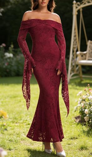 Image of Cercis Womens Off Shoulder Lace Maxi Wedding Dress Boho Flowy Wedding Guest Formal Long
