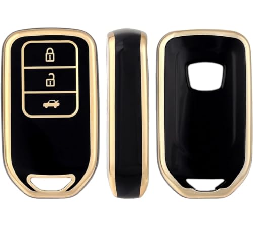 Image of TPU Car Key Cover Black & Golden Compatible for Honda City, Amaze, WR-V, Jazz, Civic, BR-V, CR-V (Honda, 3 Button Push Smart Key)
