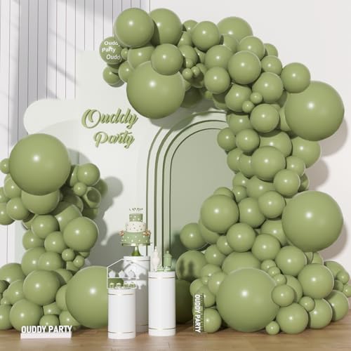 Image of Ouddy Party 129Pcs Sage Green Balloon Arch Garland Kit in 18 12 10 5 Inch | Different Sizes 6Pcs 18 inch Olive Green Latex Balloons for Birthday Engagement Wedding Jungle Safari Party Decorations