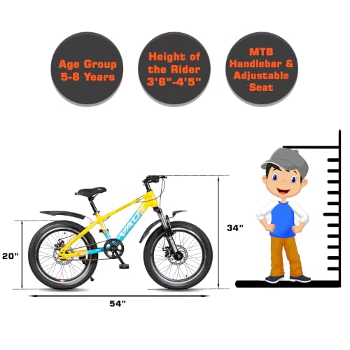 Image of Vaux Stryker 20T Kids Cycle for Boys & Girls with Dual Disc Brake,MTB Bicycle for Kids 5-8 Years with 12 inch Steel Frame, Front Suspension, 20 * 2.40 Wide Tyres(Yellow-Blue)