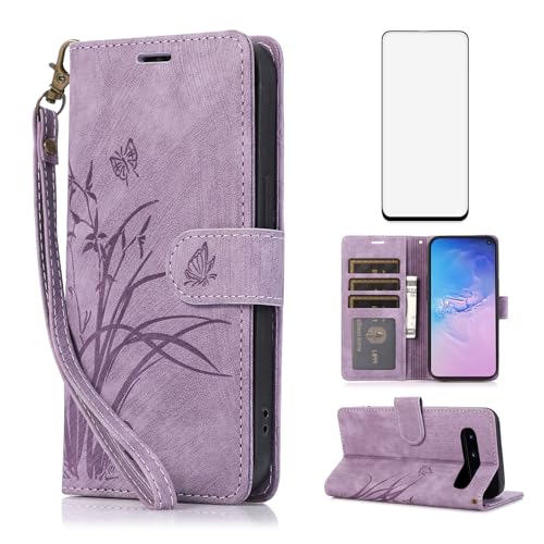 Coque Samsung S10 Plus Asuwish : Étui Portefeuille Floral avec Protège-Écran en Verre Trempé et Dragonne